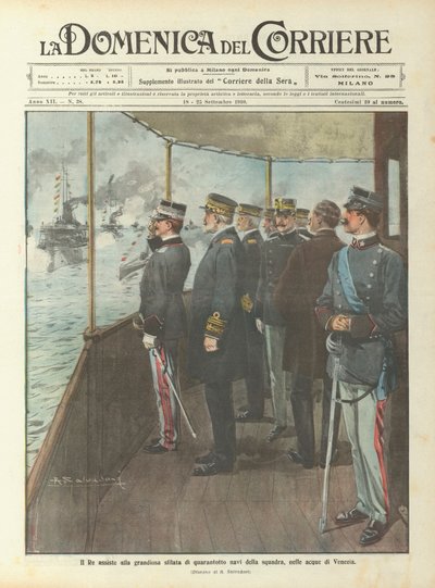 Kral, Venedik sularında, ekibin kırk sekiz gemisinin görkemli geçit törenine katılır. by Achille Beltrame