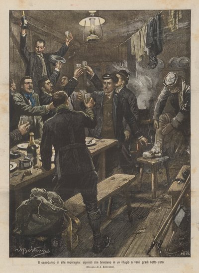 Yüksek dağlarda yeni yıl, sıfırın altında yirmi derecede bir sığınakta kadeh kaldıran dağcılar by Achille Beltrame