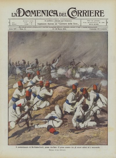Ain-Zara yakınlarındaki Bir-Rodan-Scerif savaşı, Eritre askerleri ile Türk-Araplar arasındaki ilk çatışma by Achille Beltrame