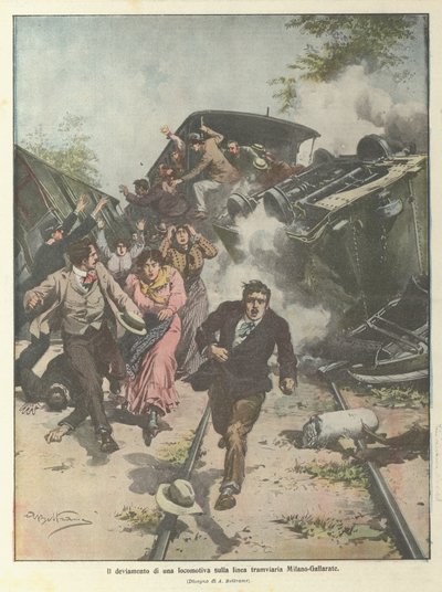Milano-Gallarate tramvayında bir lokomotifin sapması by Achille Beltrame
