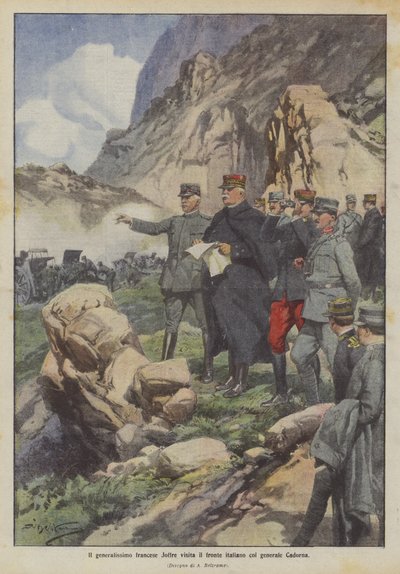 Fransız generalissimo Joffre, General Cadorna ile İtalyan cephesini ziyaret ediyor by Achille Beltrame