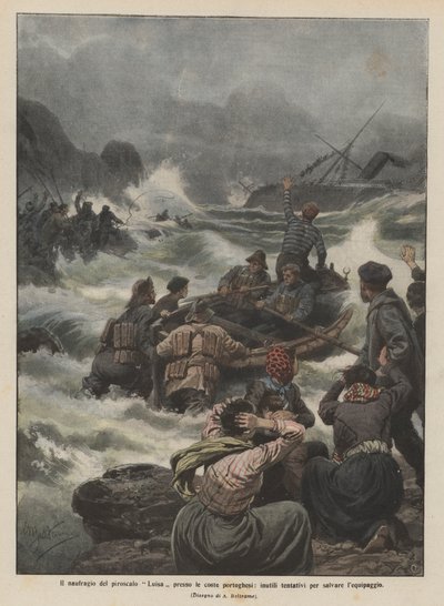 Luisa vapurunun Portekiz kıyılarında batması, mürettebatı kurtarmaya yönelik başarısız girişimler by Achille Beltrame