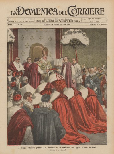 Ciddi halk meclisi, yeni kardinallere şapka takma töreni by Achille Beltrame