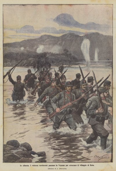 Arnavutluk'ta, toprak yiğitleri Kuta köyüne saldırmak için Vojussa'yı geçiyor by Achille Beltrame