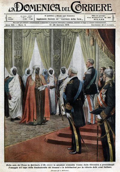 Quirinale Sarayı'ndaki taht odasında, İtalyan kralı Victor Emmanuel III (Victor Emmanuel) (Vittorio Emanuele), İtalyan tro'nun zaferi için haraç ve tebrikler sunmaya gelen Cyrenaique'in (Libya'daki) Senousist misyonunu kabul etti. by Achille Beltrame