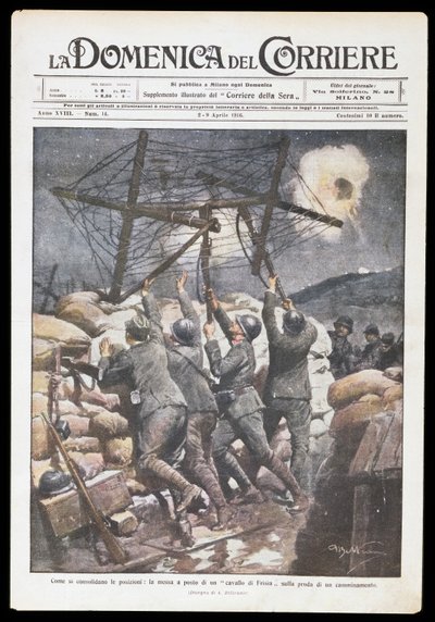 İtalyan askerleri Frizce atını sipere koyuyor, Domenica del Corriere için Achille Beltrame (1871-1945) levhası, 2-9 Nisan 1916, Birinci Dünya Savaşı, İtalya, 20. yüzyıl by Achille Beltrame