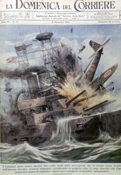 Düşman gemilerinde patlayan Japon intihar bombacıları - “La Domenica del Corriere”de, 21 Kasım 1943 (litografi) by Achille Beltrame