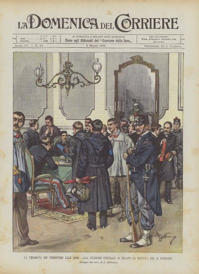 25 Şubat Sabahı Milano Merkez İstasyonunda Demiryolcuların Silahlanmaya Çağrısı by Achille Beltrame