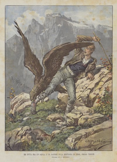 Trieste yakınlarındaki Zerie dağında bir kartal ile bir çobanın kavgası by Achille Beltrame