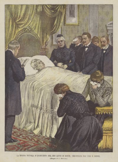 İngiltere Kraliçesi Victoria, çocukları ve torunlarıyla çevrili ölüm döşeğinde. by Achille Beltrame
