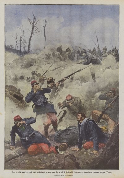 Silahlarla değil, boğucu gazlarla yapılan kötü savaş, Almanlar Ypres yakınlarındaki siperleri fethetmeyi başarır. by Achille Beltrame
