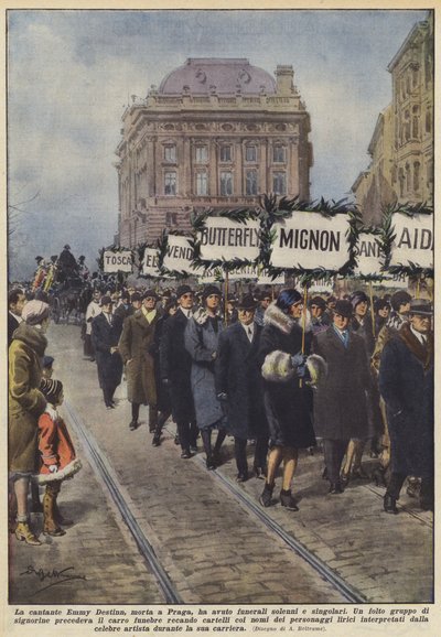 Prag'da hayatını kaybeden şarkıcı Emmy Destinn için ciddi ve tekil bir cenaze töreni düzenlendi. by Achille Beltrame
