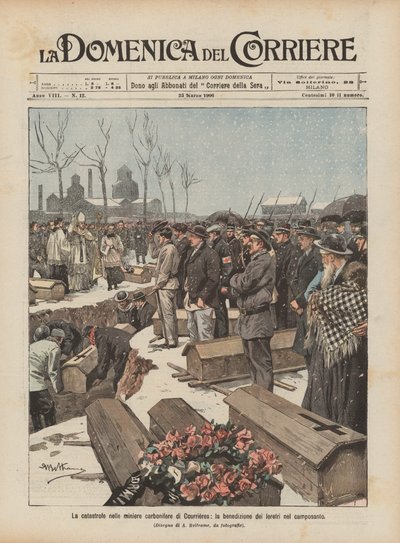 Courrieres kömür madenlerindeki felaket, mezarlıktaki tabutların kutsanması by Achille Beltrame