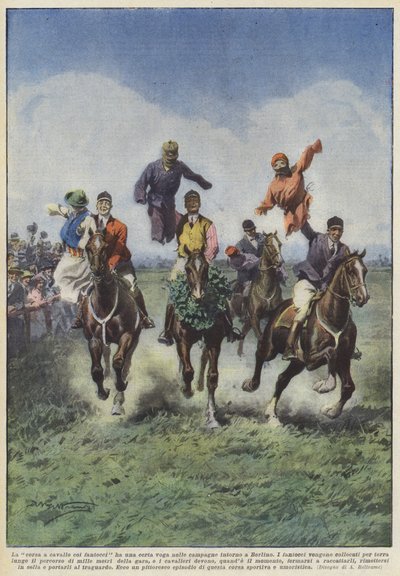 Kuklalarla yapılan at yarışı, Berlin çevresindeki kırsal kesimde belirli bir modaya sahiptir. by Achille Beltrame