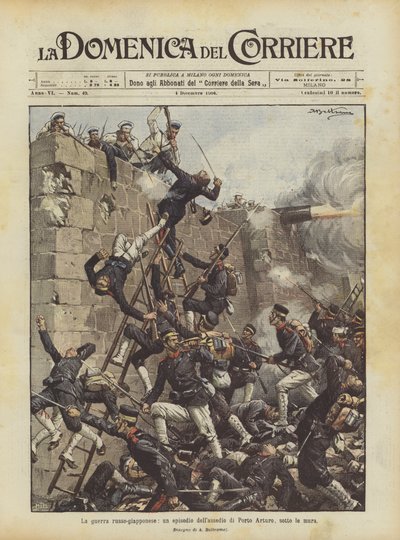 Rus-Japon Savaşı, duvarların altında Porto Arturo kuşatmasının bir bölümü by Achille Beltrame