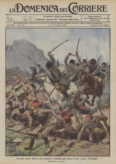 Yeni savaş, Türk piyadeleri bir sürü Kazak tarafından saldırıya uğradı ve siperlere süpürüldü. by Achille Beltrame