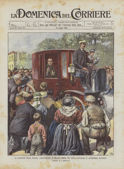 Medeniyetin Fethi, Milano Başpiskoposu elektrikli bir arabada pastoral bir ziyarette bulunuyor by Achille Beltrame