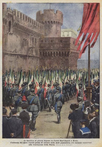 Roma'daki Castel SantAngelo'ya yerleştirilen savaş bayrakları by Achille Beltrame