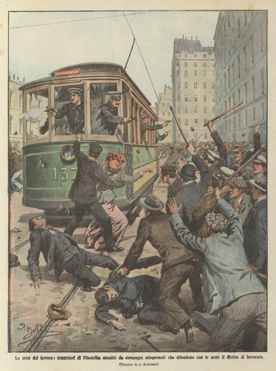 Emek krizleri, Philadelphia tramvay şöförleri ile birlikte savunma yapan grevciler tarafından saldırıya mı uğradı? by Achille Beltrame