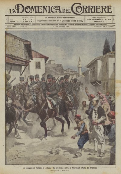 Arnavutluk'taki İtalyan işgalleri, süvariler Giorgucati'ye (Drynos Vadisi) girer. by Achille Beltrame