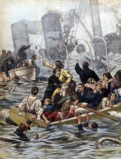 Denizcilik dramaları: Klondike'den altın arayıcılar ile yüklü Wallawalla gemisinin batması. Beltrame çizimi. La Domenica del corriere. 1902 by Achille Beltrame