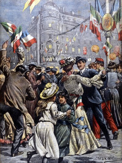 İtalya'nın Paris'teki egemenleri: sokaklardaki popüler toplar. Beltrame çizimi. La Domenica del corriere. 1903. by Achille Beltrame