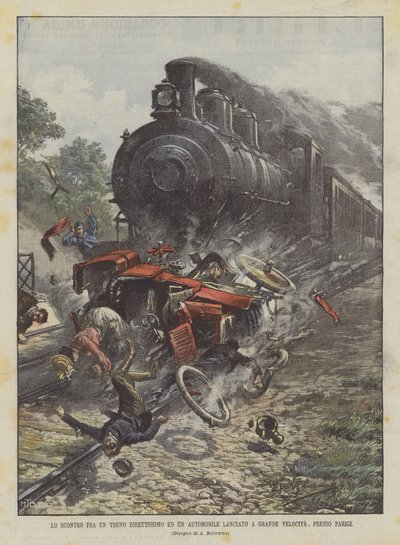 Paris yakınlarında bir ekspres tren ile hızla giden bir arabanın çarpışması by Achille Beltrame