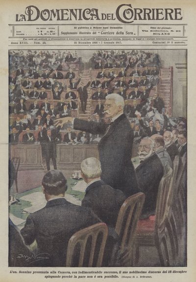 Lon Sonnino unutulmaz bir başarı ile Meclis'e asil konuşmasını sunar. by Achille Beltrame