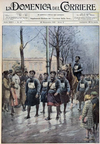 Mart, 22/11/1931 tarihli “” la Domenica del Corriere” de A. Beltrame tarafından çizilen, gaz maskelerinin kullanımı konusunda halkı eğitmek için Varşova