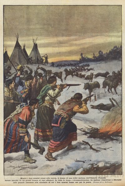 Erkekleri avlanırken, Ontario Kızılderili kabilesinin (Kanada) kadınları avlanır mıydı? by Achille Beltrame