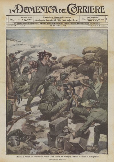 Bir düşman karşı saldırısı planlanırken, bersaglieri siperlerinde makineli tüfekler harekete geçiyor by Achille Beltrame