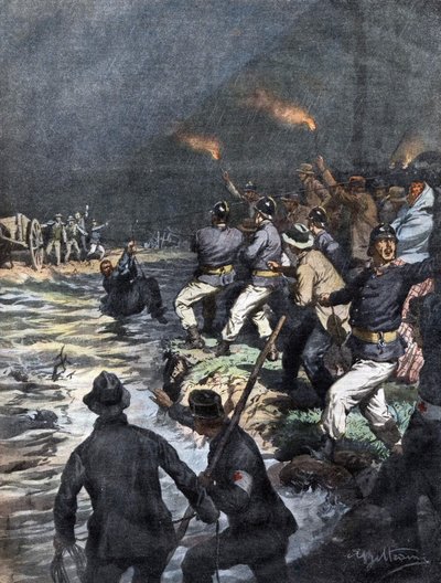 Bergamo yakınlarındaki Serio nehri üzerindeki bir adada engellenen arabacıların mucizevi kurtarılması - “La Domenica del Corriere”de Beltrame çizimi” 1909 by Achille Beltrame