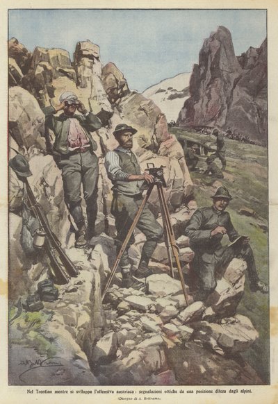 Trentino'da, Avusturya saldırısı gelişirken, Alp birlikleri tarafından savunulan bir konumdan optik sinyaller by Achille Beltrame