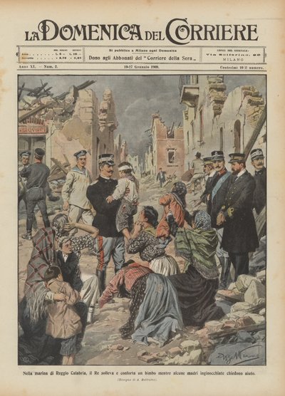 Reggio Calabria yat limanında, diz çökmüş bazı anneler yardım isterken Kral bir çocuğu kaldırır ve rahatlatır by Achille Beltrame