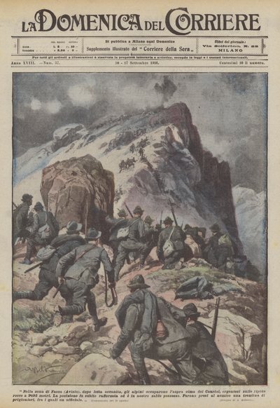 Fassa (Avisio) bölgesinde, şiddetli bir mücadeleden sonra, Alp birlikleri Cauriol'un engebeli zirvesini mi işgal etti? by Achille Beltrame