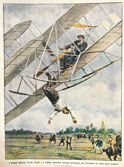 Orville Wright ve Teğmen Seliridge çift kanatlı uçakla otuz metreden dalıyor, Amerika Birleşik Devletleri, çizim La Domenica del Corriere