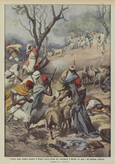 Arap akıncıları, Cyrene yakınlarındaki bivouac sırasında onları bir lideri serbest bırakmaya zorlamak için şaşırttı ve? by Achille Beltrame