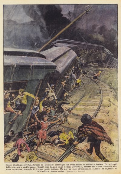 Şili, Santiago yakınlarında, korkunç bir fırtına sırasında, okul çocuklarıyla dolu bir tren rotasını değiştirdi. by Achille Beltrame