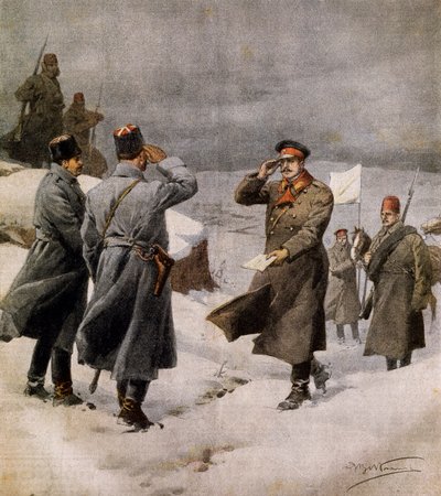 Savaşın yeniden başlaması, Bulgar kampına gelen Türk parlamenter Ateşkesin sona erdiğini bildiren bir mesaj taşıyor, Achille Beltrame (1871-1945), La Domenica del Corriere