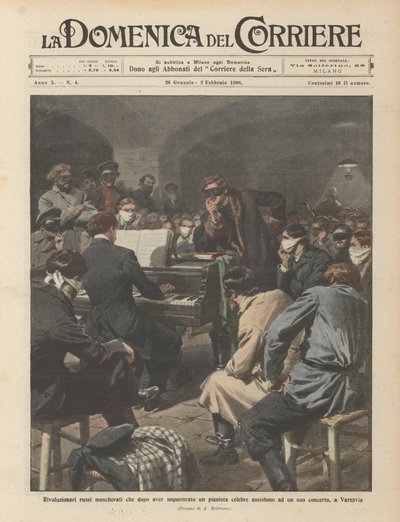 Ünlü bir piyanisti kaçırdıktan sonra, onunkilerden birine katılan maskeli Rus devrimciler? by Achille Beltrame