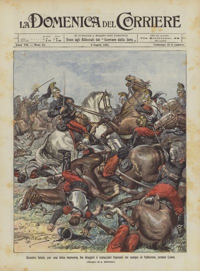 Lyon yakınlarındaki Valbonne sahasında Fransız ejderhaları ve zırhlıları arasında yanlış bir manevra nedeniyle ölümcül çatışma by Achille Beltrame
