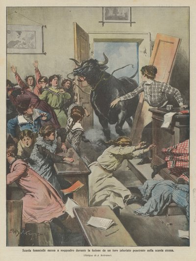 Kızların okulu, ders sırasında okula giren öfkeli bir boğa tarafından alt üst oldu by Achille Beltrame