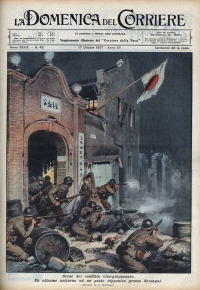 İkinci Çin-Japon Savaşı (1937-1945): Şanghay yakınlarında çatışmalar. 17/10/1937 tarihli “La Domenica del Corriere” den Achille Beltrame tarafından yapılan çizim. by Achille Beltrame