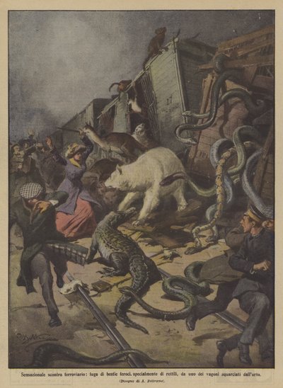 Sansasyonel tren kazası, vahşi hayvanların, özellikle sürüngenlerin kaçışı? by Achille Beltrame