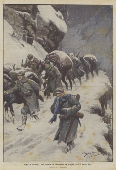 Kar fırtınasının altında, cepheye giden bir erzak sütunu by Achille Beltrame