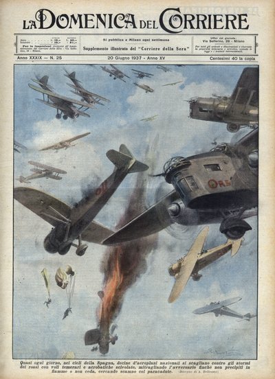 İspanya İç Savaşı: Savaşta İspanya üzerinde cumhuriyetçi ve milliyetçi uçaklar arasında hava çatışmaları. 20/06/1937 tarihli “La domenica del Corriere”deki Achille Beltrame çizimi. by Achille Beltrame