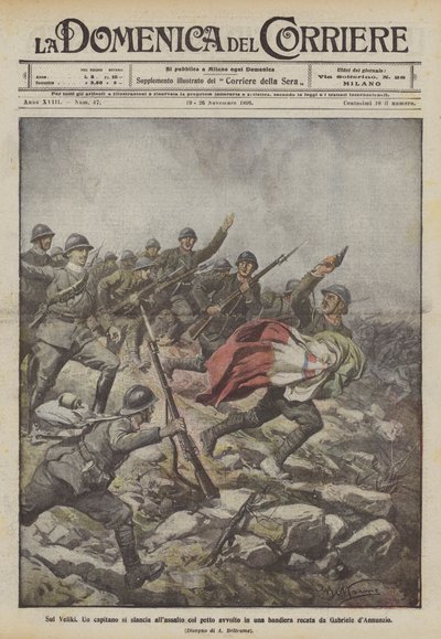 Veliki'de bir kaptan, Gabriele dAnnunzio tarafından taşınan bir bayrağa sarılı göğsü ile hücuma koşar by Achille Beltrame