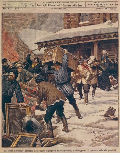 Rus Devrimi: Köylüler kırsal zenginlerin mülklerini yağmalıyor, Achille Beltrame (1871-1945), La Domenica del Corriere