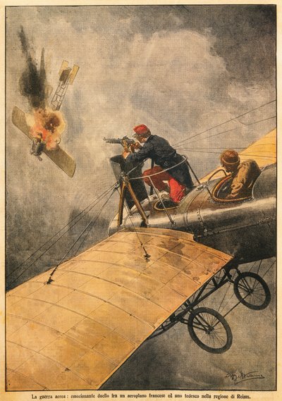 Havadaki Savaş: Fransız uçağı ile Alman uçağı arasındaki düello, Reims üzerinde gökyüzünde, Achille Beltrame (1871-1945), La Domenica del Corriere