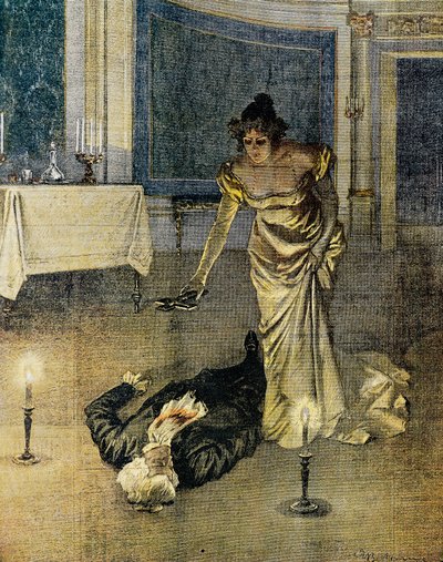 Tosca'nın II. Perde sonunda Giacomo Puccini tarafından Scarpia'nın ölümü, levha Achille Beltrame (1871-1945), La Domenica del Corriere, 4 Şubat by Achille Beltrame